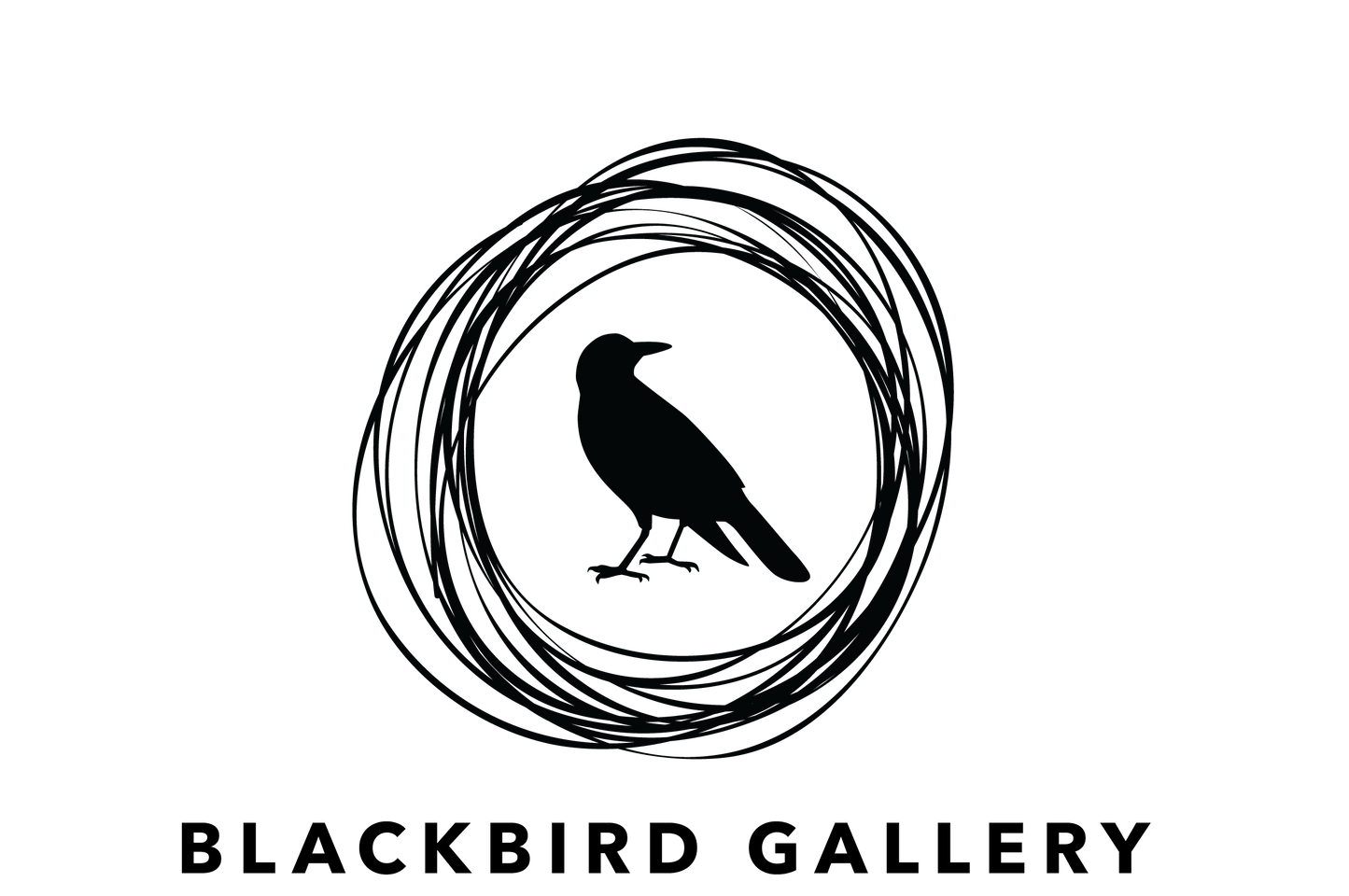 Blackbird Gallery logo with a black silhouette of a bird inside concentric circles on a white background.