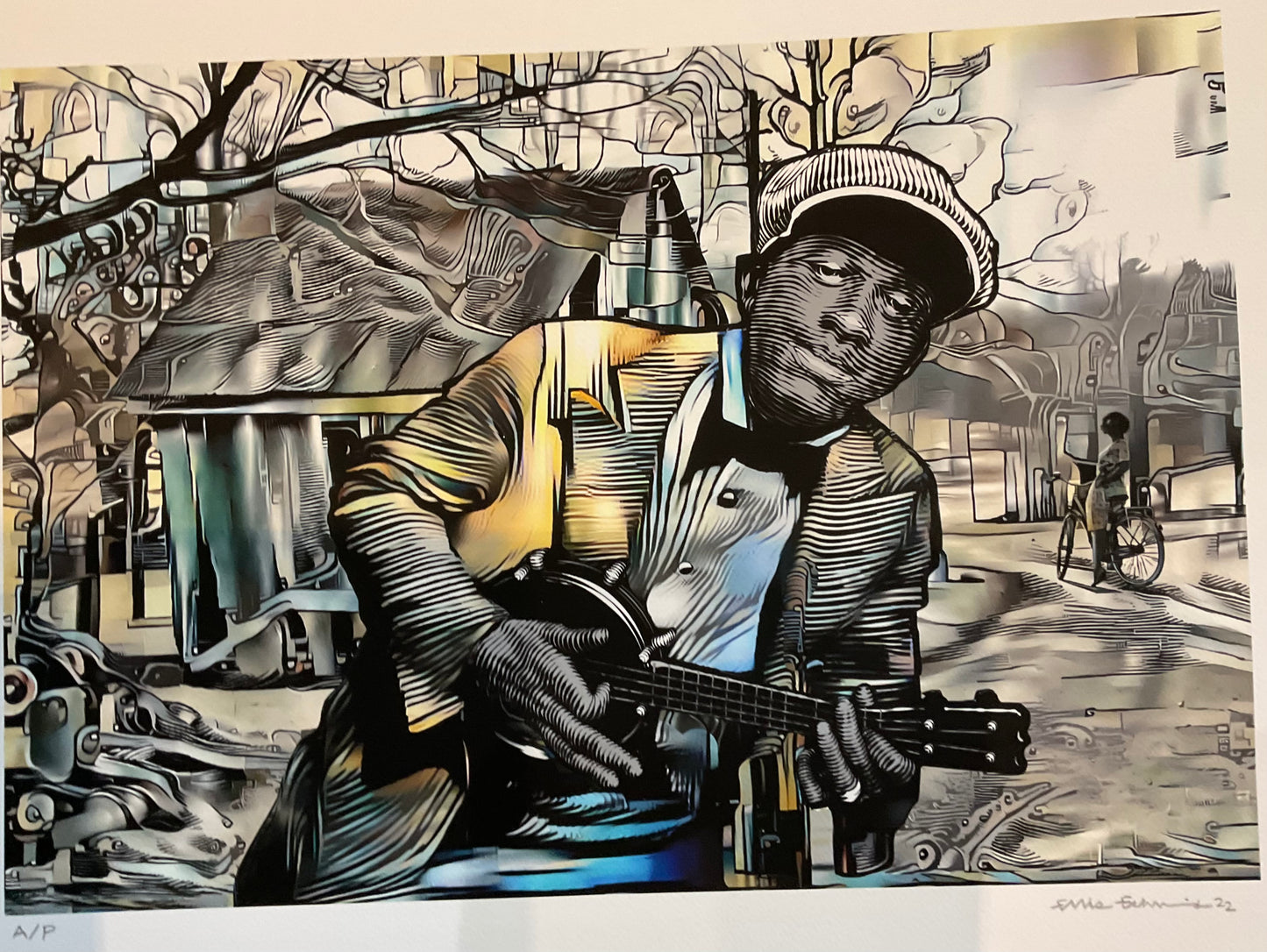 An Artist Proof illustration of a person playing a banjo with a cityscape in the background. The main figure is stylized with a hat and the banjo is prominently featured.