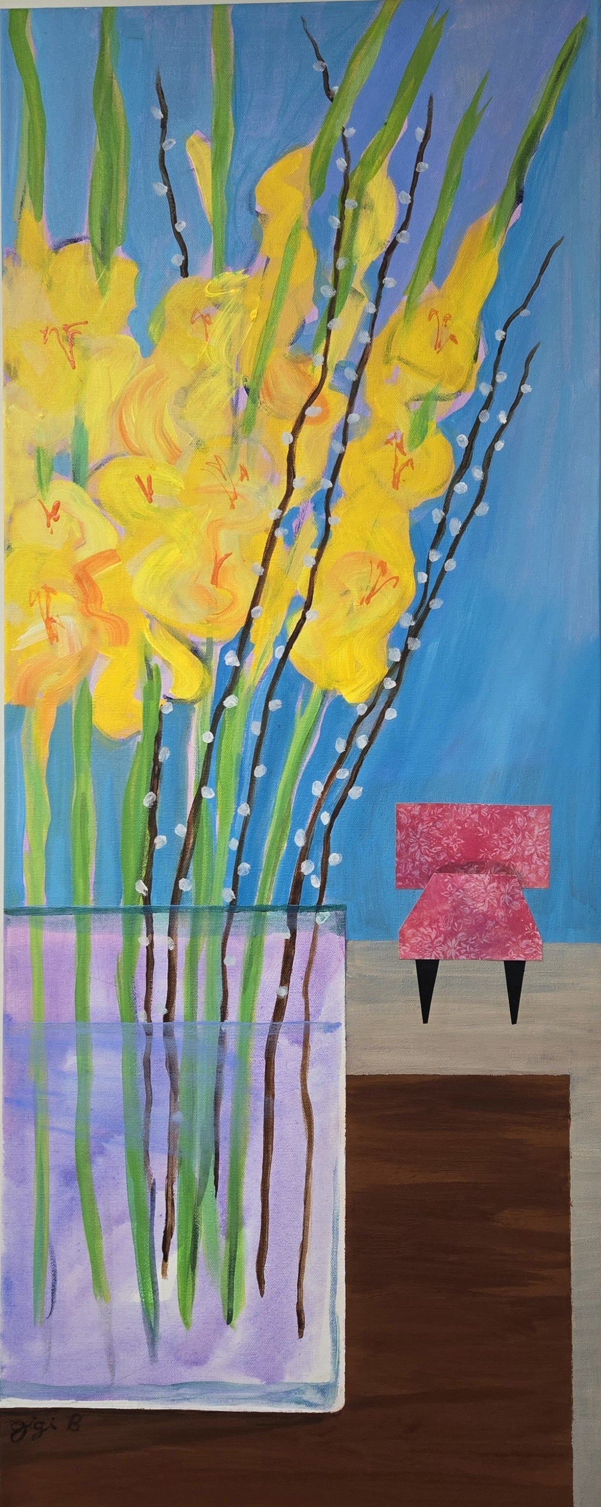 "Yellow Gladiolas and Pussywillows"