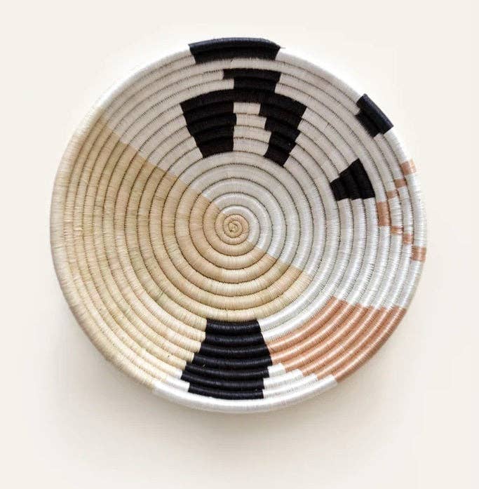 African  Rwanda Woven Basket - Abstract form Plateau White: 12" x 3"