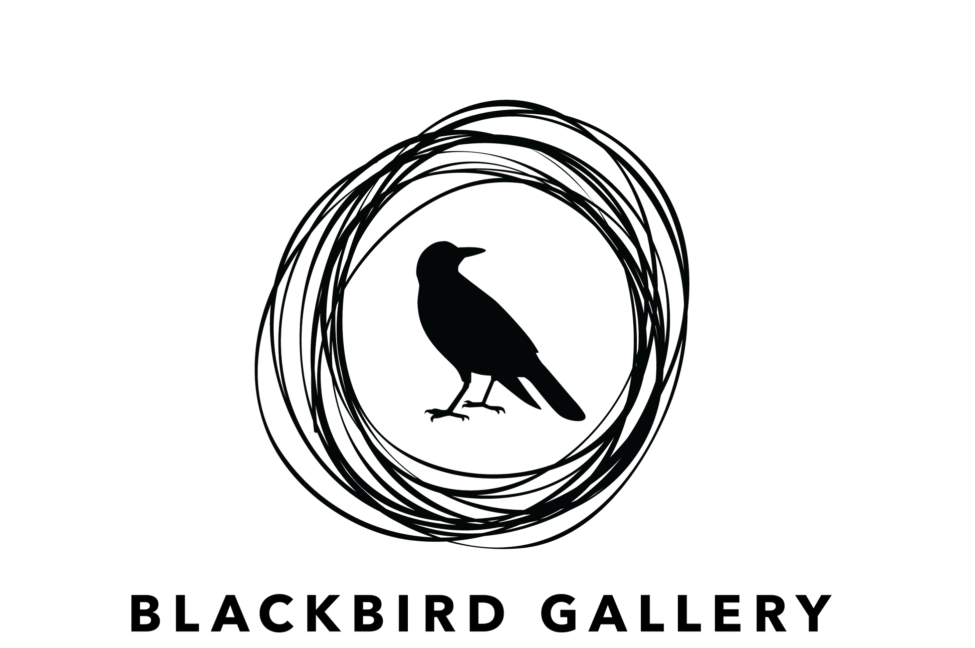 Blackbird Gallery logo with a black silhouette of a bird inside concentric circles on a white background.