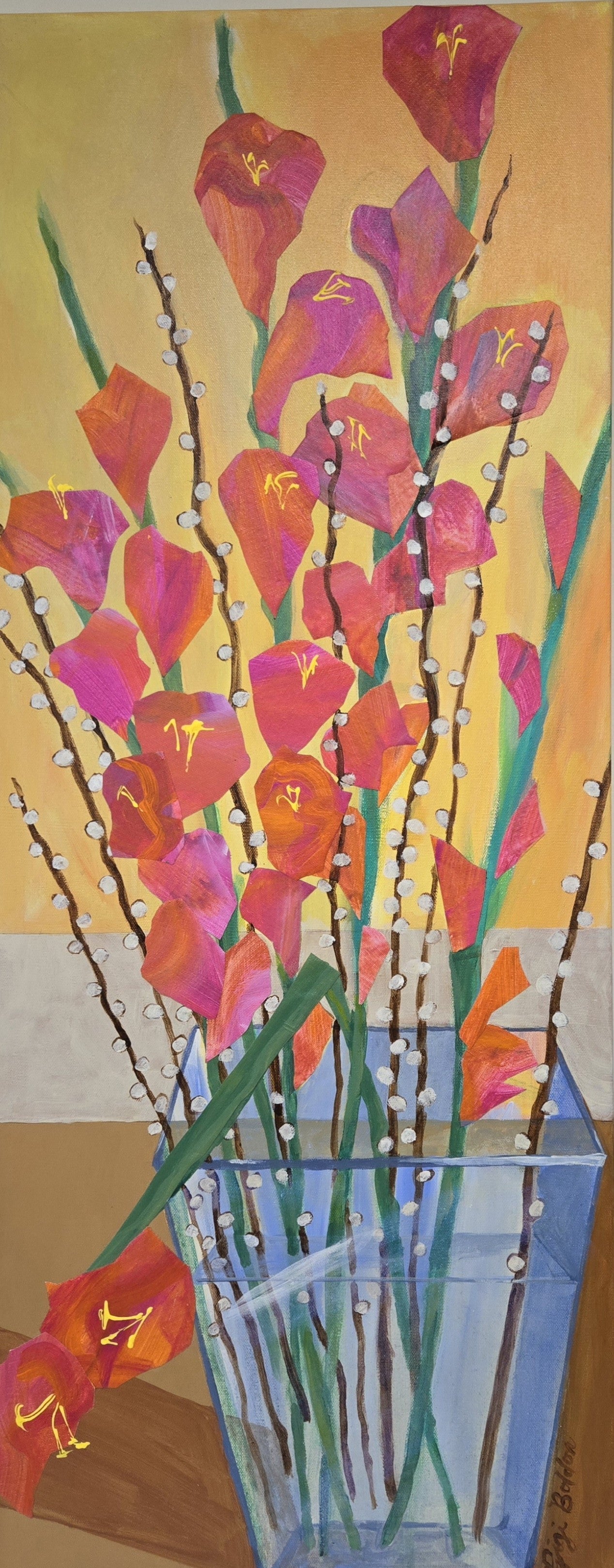 "Pink Gladiolas and Pussywillows"